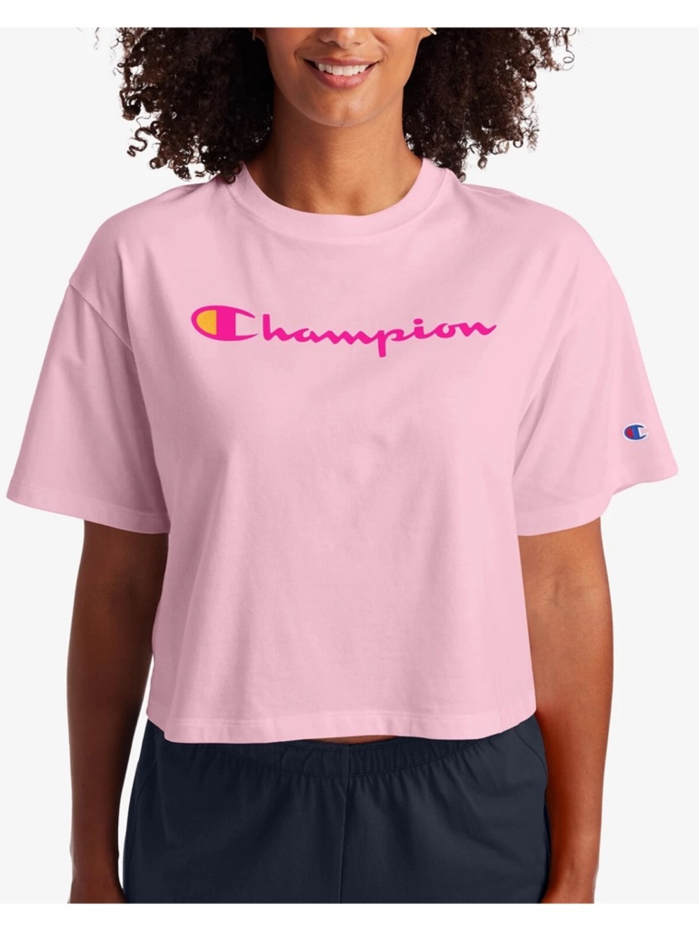 Champion Womens Pink Cropped Logo Tee NWT
